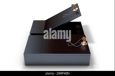 An open and closed black bank safe deposit box with a key in the ...