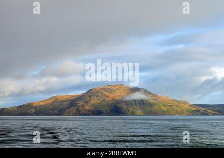 Views from ferry in sound of Mull looking towards Ben Hiant on Ardnamurchan peninsula, Scotland Stock Photo