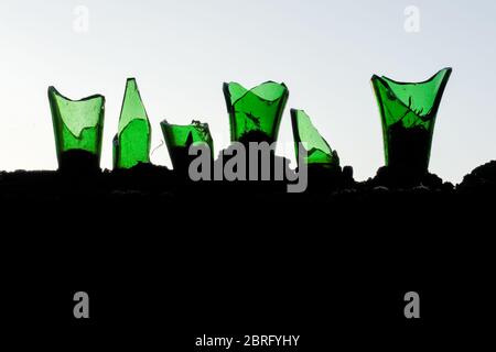 Broken bottles, glass shards on top of a wall Stock Photo
