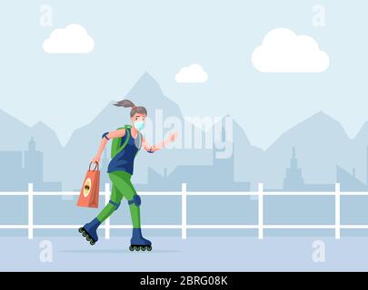 Courier or volunteer in face mask holding bag with fast food, woman ride on rollers vector flat cartoon illustration. Online order, non contact delivery to prevent the spread of coronavirus. Stock Vector