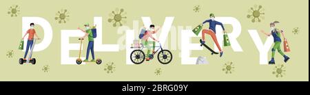 Delivery word flat banner concept. People in medical masks deliver food and goods from supermarket by modern city transport, scooter, roller skate, and motorbike vector cartoon poster design. Stock Vector