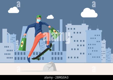 Young man in face mask holding bags with fast food and riding on skateboard in the city vector flat cartoon illustration. Online order, non contact delivery during coronavirus pandemic. Stock Vector