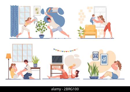 Happy young men and women doing sport at home vector flat illustration. Fitness workout in the living room during coronavirus outbreak. Stay home and do yoga, healthy lifestyle concept. Stock Vector