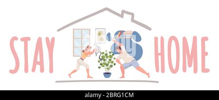 Stay home poster template. Young couple doing workout with their pet vector flat cartoon illustration. Practicing fitness and yoga in quarantine during coronavirus outbreak banner design. Stock Vector