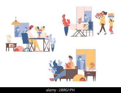 Stay home and safe during coronavirus outbreak. People work remotely, read books, doing household chores, ironing clothes together in living room during quarantine vector flat cartoon illustration. Stock Vector