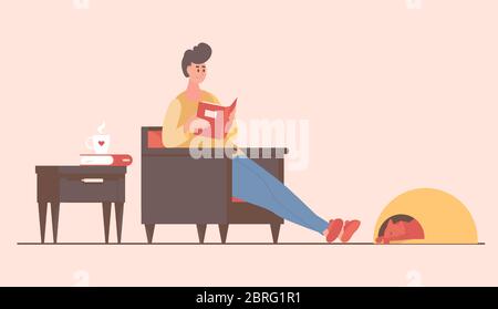 Young smiling man sitting in armchair and reading a book flat cartoon illustration. Man in casual clothes relaxing in living room, cat sleeping in pets bed. Stay and rest at home vector concept. Stock Vector