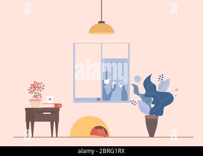 Living room interior during coronavirus outbreak vector flat cartoon illustration. Cat sleeps on pets bed, people silhouettes in medical masks holding smartphones in hands, houseplants. Stock Vector