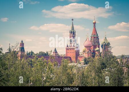 Moscow Kremlin and St Basil's Cathedral, Russia. This place is the main tourist attraction of Moscow. Beautiful scenic view of Moscow Kremlin in summe Stock Photo