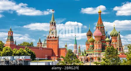 Moscow Kremlin and St Basil's Cathedral on the Red Square in Moscow, Russia. It is the main tourist attraction of Moscow. Beautiful panoramic view of Stock Photo
