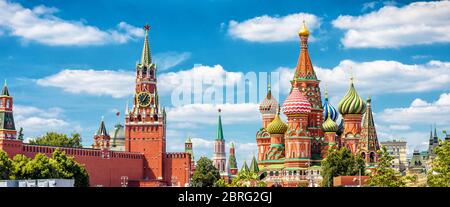 Moscow Kremlin and St Basil's Cathedral on the Red Square in Moscow, Russia. It is the main tourist attraction of Moscow. Beautiful panoramic view of Stock Photo