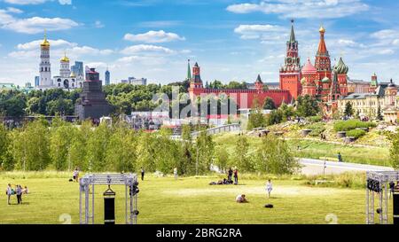 Moscow - June 17, 2018: Panorama of Zaryadye Park overlooking Moscow Kremlin, Russia. Zaryadye is the one of the main tourist attractions of Moscow. P Stock Photo