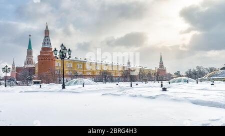 Moscow Kremlin and Manezhnaya Square in winter, Russia. Panoramic view of central Moscow during snowfall. Cityscape of Moscow on sunny day. Scenery of Stock Photo