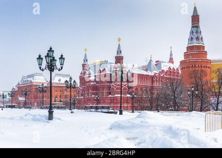 Manezhnaya Square in the winter, Moscow, Russia. Panoramic view of central Moscow during snowfall. Stock Photo