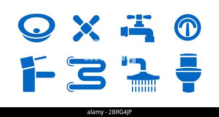 Bathroom plumbing equipment isolated icons set. Vector illustrations of leaking pipes, heating towel pipe, tap mixer, valve, toilet, washbasin, sink Stock Vector