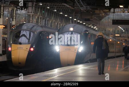 Great Western Railway Class 800 trains waiting at a railway station platform in England, United Kingdom. Stock Photo