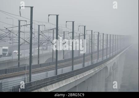 Traffic on the M2 motorway crossing the Medway Viaduct in North Kent, England. Stock Photo