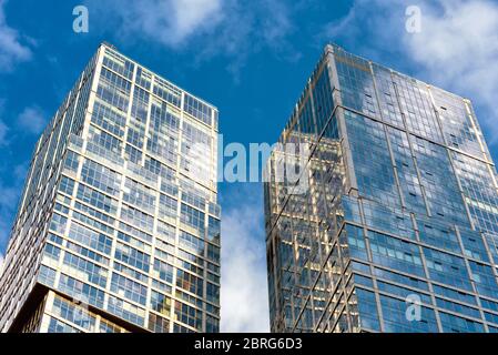 Moscow - Sep 10, 2017: Modern skyscrapers of Moscow-City, Russia. Top of new buildings against sky. Moscow-City is a business district and Moscow land Stock Photo