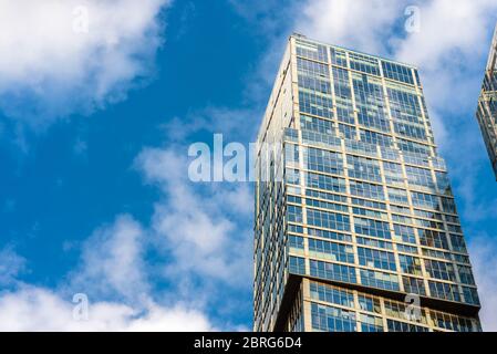 Moscow - Sep 10, 2017: Modern skyscraper in Moscow-City, Russia. Contemporary style of building facade. Moscow-City is a district with business and re Stock Photo