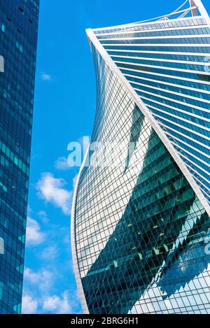 Moscow - Sep 10, 2017: Modern buildings in Moscow-City, Russia. Evolution Tower with futuristic twisted design. Moscow-City is district with business Stock Photo