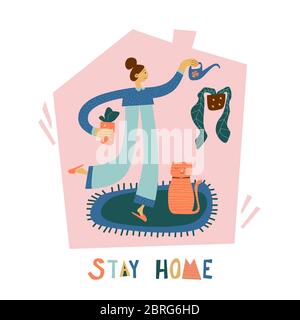 Stay home poster. Taking care of flowers  Stock Vector