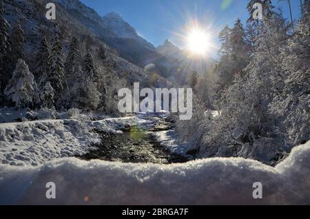 sunset winter mountain river landscape Stock Photo