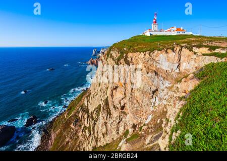 Cabo da Roca or Cape Roca is a cape which forms the westernmost point of continental Europe, Portugal Stock Photo