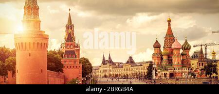 Panoramic view of Moscow Kremlin and Cathedral of St. Basil on the Red Square in Moscow, Russia. The Red Square is the main tourist attraction of Mosc Stock Photo