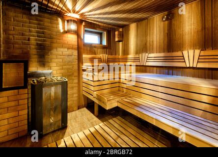 Classic wooden sauna interior in Russia Stock Photo