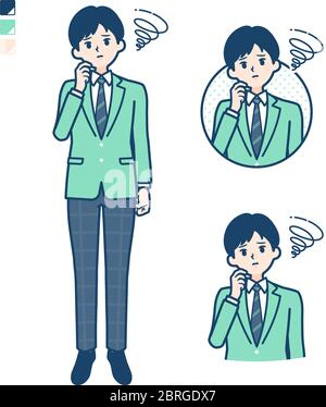 A student boy in a green blazer with be troubled images. It's vector art so it's easy to edit. Stock Vector