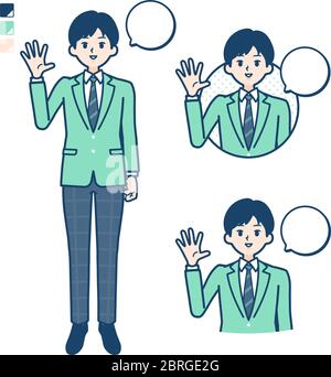 A student boy in a green blazer with greeting images. It's vector art so it's easy to edit. Stock Vector