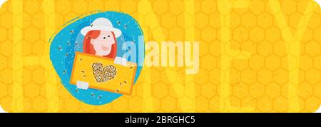 Woman holding honeycomb. Bees making heart. Label for beekeeper, for honey products. Stock Vector