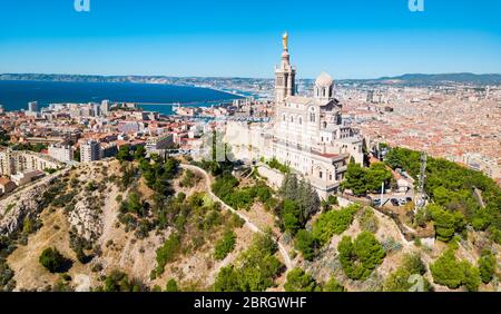 Notre Dame de la Garde or Our Lady of the Guard aerial view, it is a catholic church in Marseille city in France Stock Photo