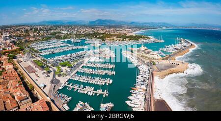 Antibes port aerial panoramic view. Antibes is a city located on the French Riviera or Cote d'Azur in France. Stock Photo