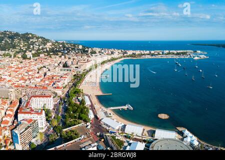 Cannes beach aerial panoramic view. Cannes is a city located on the French Riviera or Cote d'Azur in France. Stock Photo