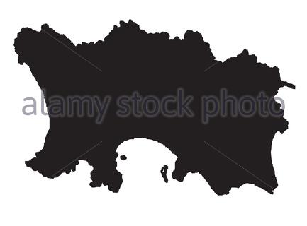 Silhouette outline map of The Channel Island of Jersey over a white ...