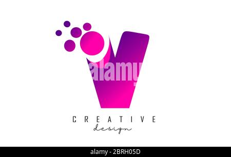 V Dots Letter Logo with Purple Pink Bubbles Vector Illustration. Dots illustration with V letter. Stock Vector