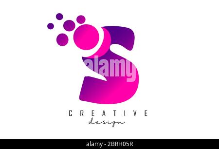 S Dots Letter Logo with Purple Pink Bubbles Vector Illustration. Dots illustration with S letter. Stock Vector