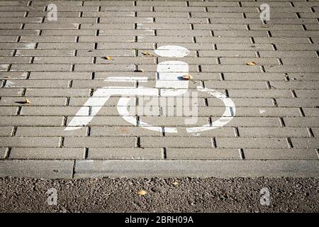 Close up of handicapped sign on road. Sign disabled parking on the pavement. Stock Photo