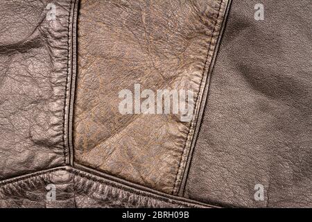 Genuine brown leather texture background. Abstract vintage stitched leather backdrop. Stock Photo