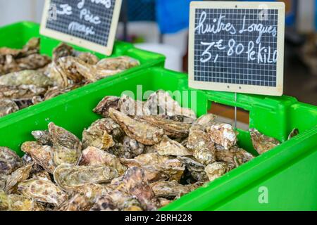 Boxes of fresh Marennes-Oléron oysters (local speciality) on a market stall in Saint-Palais-sur-Mer, Charente-Maritime, on the French Atlantic coast. Stock Photo