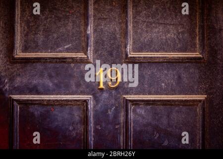 House number 19 on a dark wooden front door in London Stock Photo