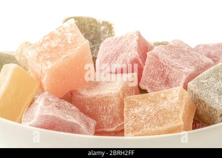 closeup colorful assortment of Turkish delights over white Stock Photo