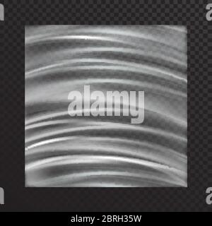 Vector realistic transparent stretched film on a translucent dark background.Polyethylene tape with stretch marks in the form of an arc. Cellophane Stock Vector
