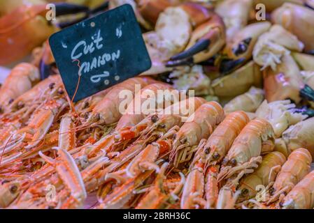 Langoustines (Norway lobsters) and crabs neatly arranged on a market stall in Saint-Palais-sur-Mer, Charente-Maritime, on the French Atlantic coast.