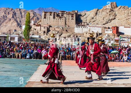 LEH, INDIA - SEPTEMBER 26, 2013: Unidentified people dancing in traditional ethnic clothes at Ladakh Festival in Leh city in India Stock Photo