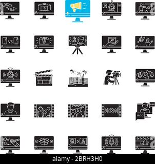 Video production black glyph icons set on white space Stock Vector