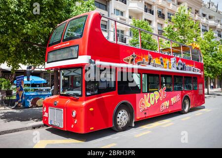 SKOPJE, MACEDONIA - MAY 31, 2013: Double decker red bus designed for Skopje city public transportation, North Macedonia Stock Photo