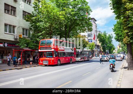 SKOPJE, MACEDONIA - MAY 31, 2013: Double decker red bus designed for Skopje city public transportation, North Macedonia Stock Photo