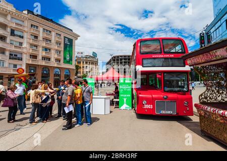 SKOPJE, MACEDONIA - MAY 31, 2013: Double decker red bus designed for Skopje city public transportation, North Macedonia Stock Photo