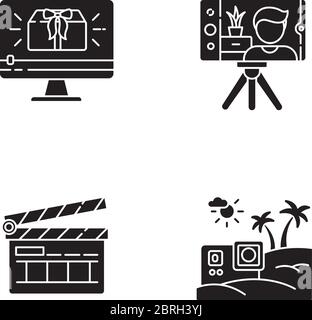Filmmaking and Internet blogging black glyph icons set on white space Stock Vector